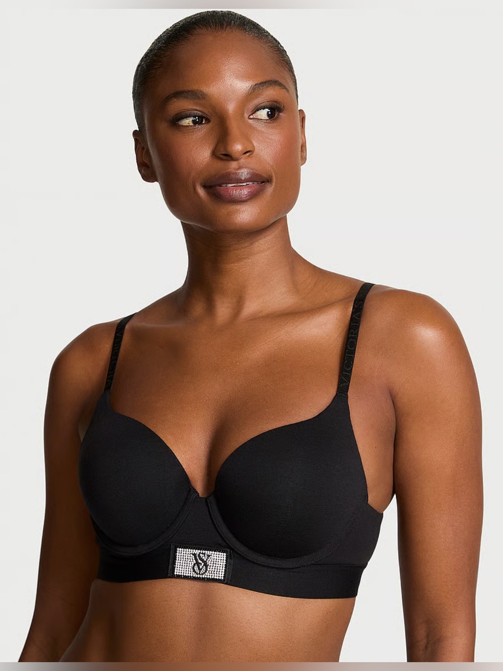 Victoria’s Secret Push Up Bra 34B Black Rhinestone Logo NWOT T Shirt Bra